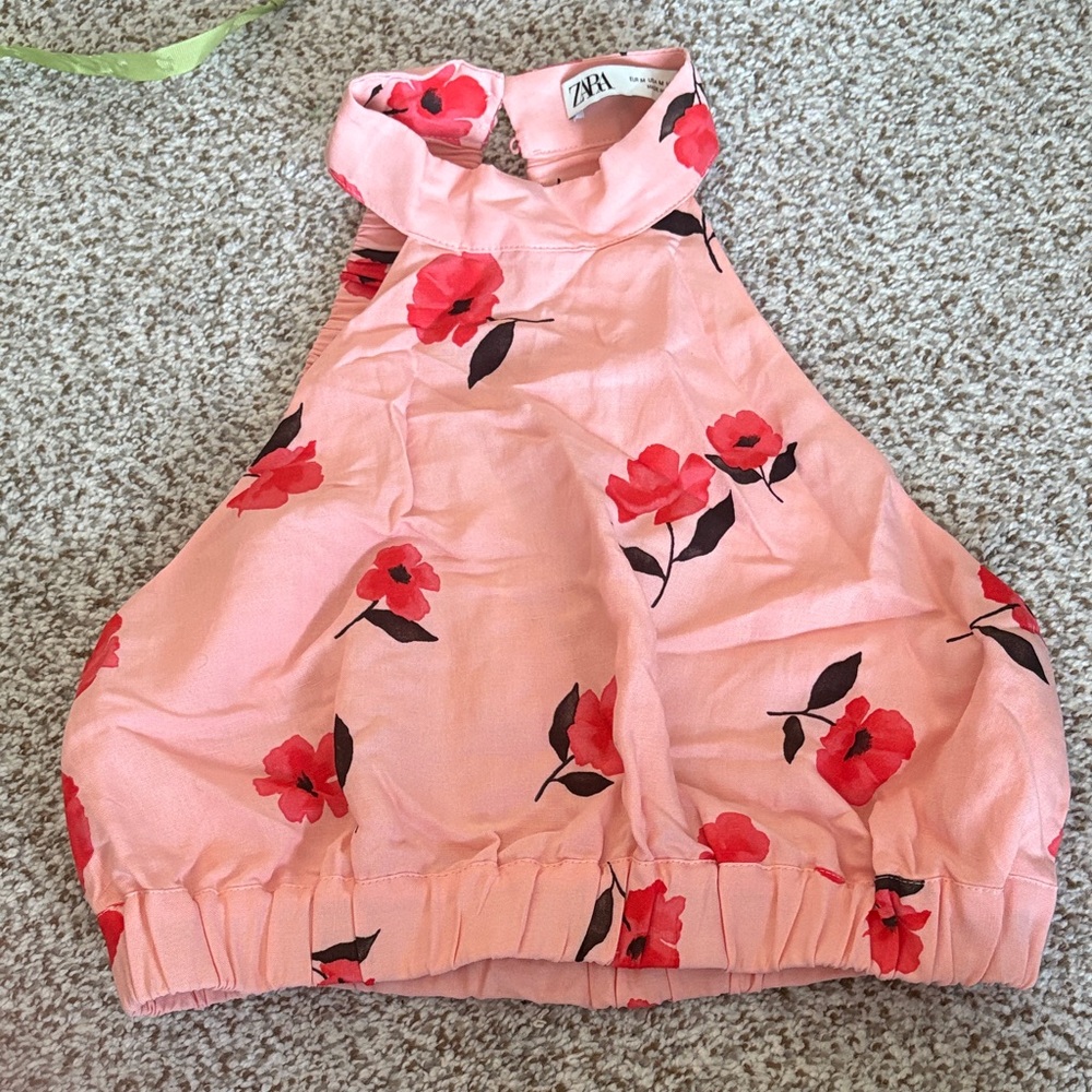 NWOT Zara Pink Halter Top with Red Floral Design